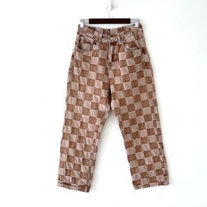 Unisex Brown Checkered Straight Leg Jeans Streetwear Unique Skater Size 29